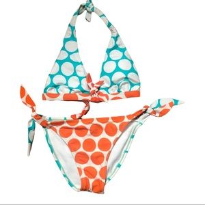 Polka Dot Tie-Side Bikini Set in Teal & Orange